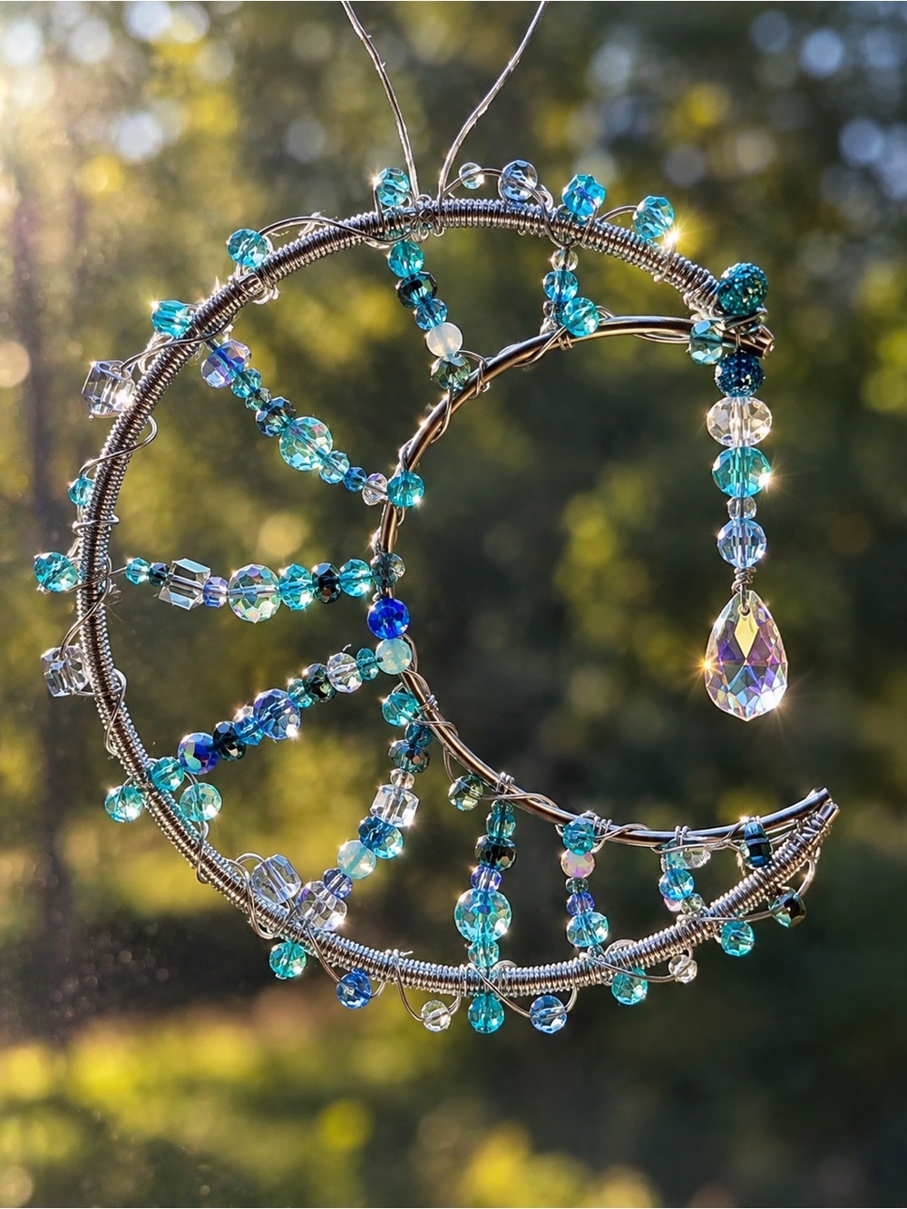 Handmade Boho Crystal Beaded Dreamcatcher Wall Hanging – Blue Teal